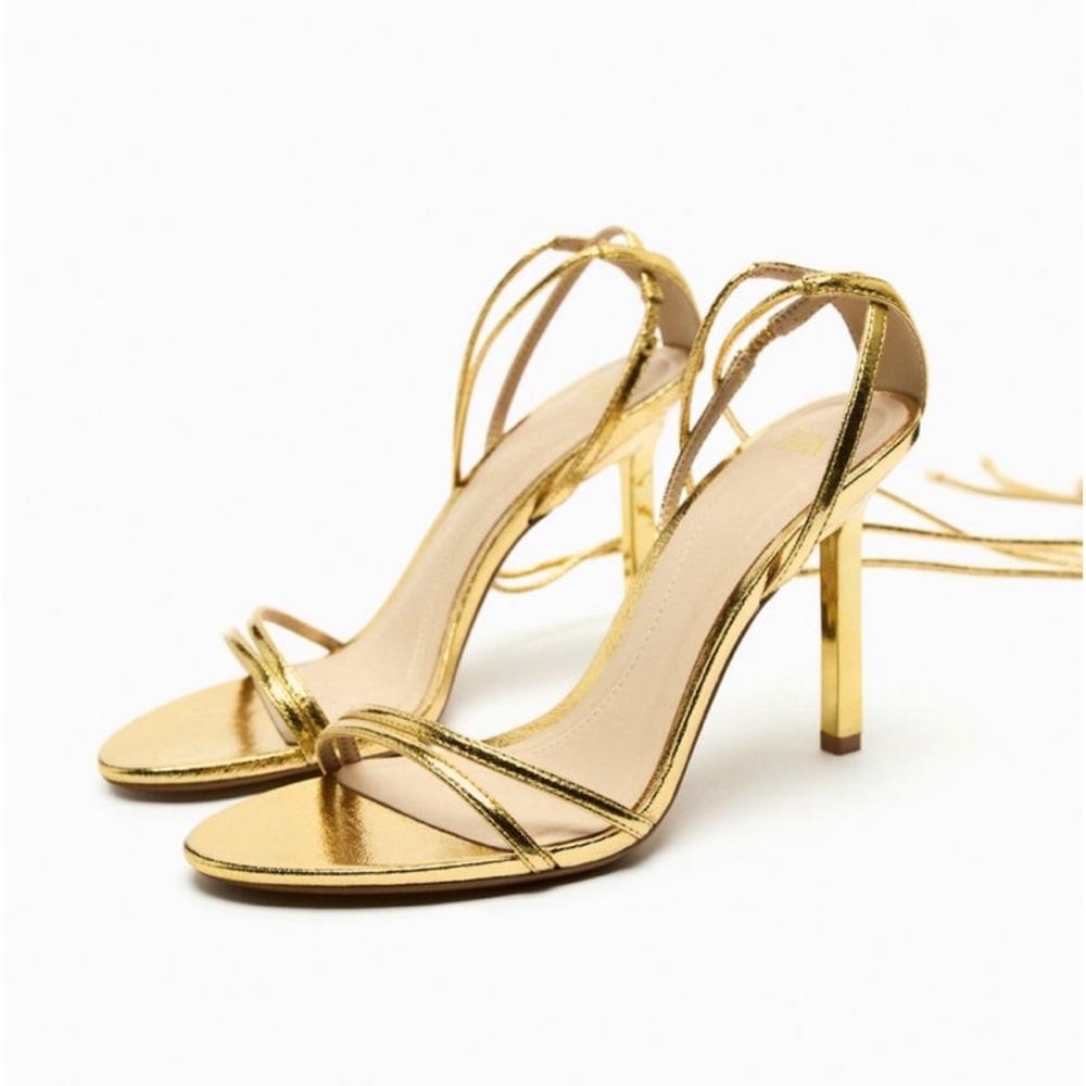 Zara Gold lace up heeled sandals
